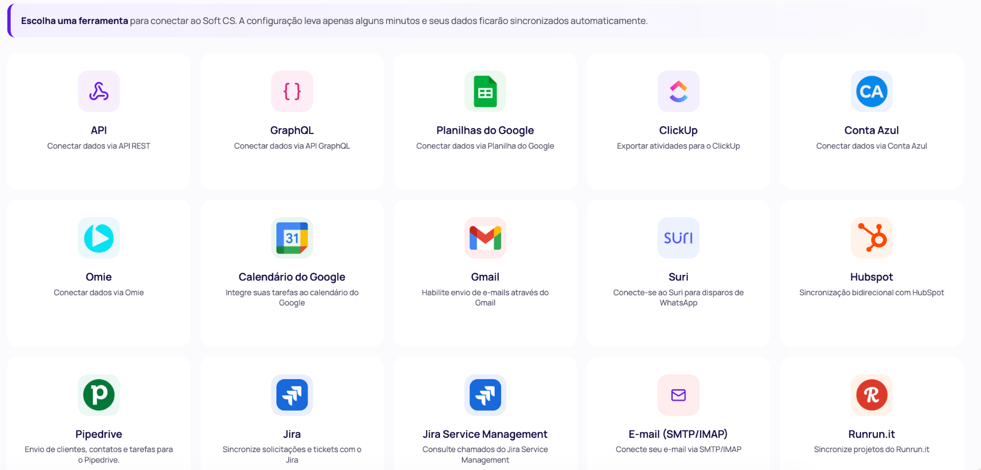 Catálogo de integrações da SoftCS — API, GraphQL, Google Sheets, ClickUp, Conta Azul, Omie, Google Calendar, Gmail, Suri, HubSpot, Pipedrive, Jira e mais