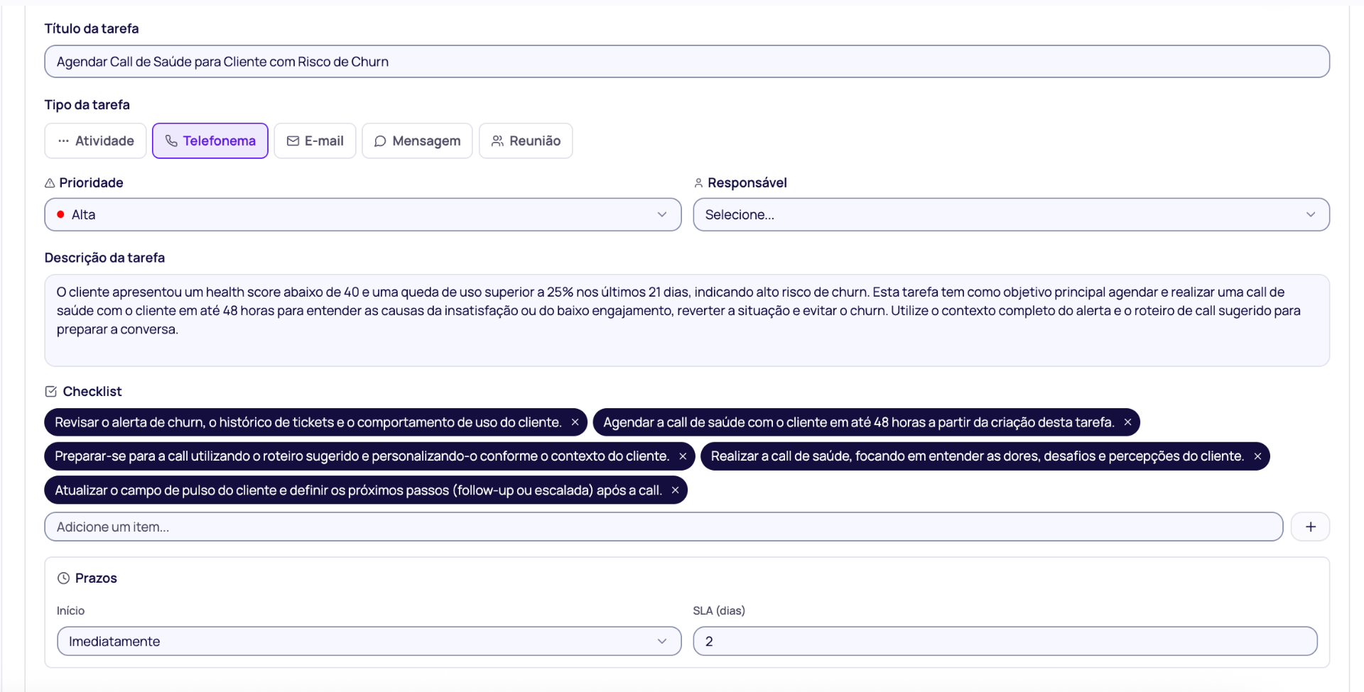 Tarefa criada automaticamente pela SoftCS: agendar call de saúde para cliente com risco de churn, com prioridade alta, descrição completa, checklist e SLA de 2 dias